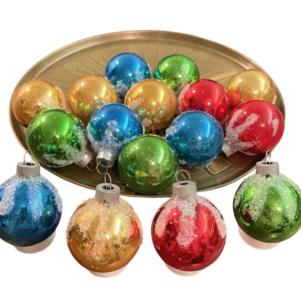 16 Vtg USA Snowcap Glass Christmas Ornaments Mica Glitter 2" RED GREEN BLUE GOLD